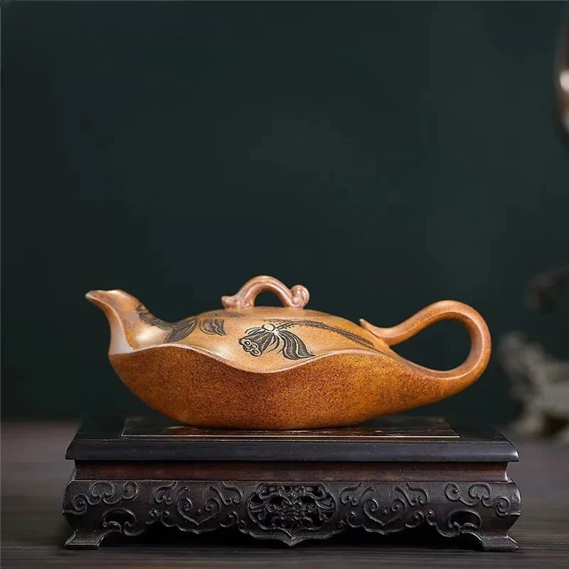 

420ml Ancient Yixing Purple Clay Teapots Handmade Lotus Leaf Pot Raw Ore Keel Gold Sand Mud Kettle Zisha Tea Set Supplies Gift