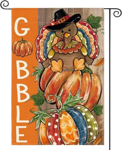 Fall Thanksgiving Garden Flag 12x18 Inch Double Sided Outside, Gobble Turkey Pum