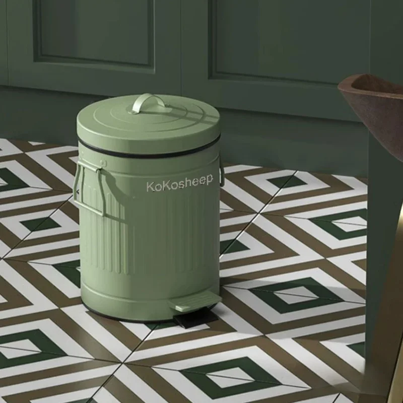 Carbon Steel Lidded Trash Bin  Vintage Roman Waste Can  Hydraulic Slow-Close Office Paper Container   Kitchen Garbage Can