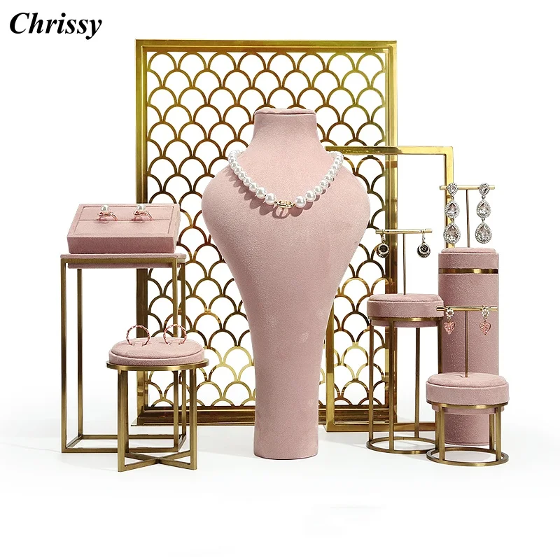 

Розовый бархатный стенд для ювелирных изделий, металлическая стойка, выставка ювелирных изделий, серьги, ожерелье, реквизит, набор, витрина модели