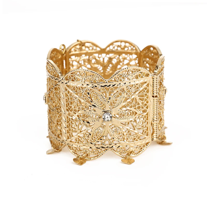 جزائرية العروس مجوهرات الزفاف موضة العربية العرقية نمط الإسورة الذهبي الجوف خارج Lacework الكفة سوار الحاضر