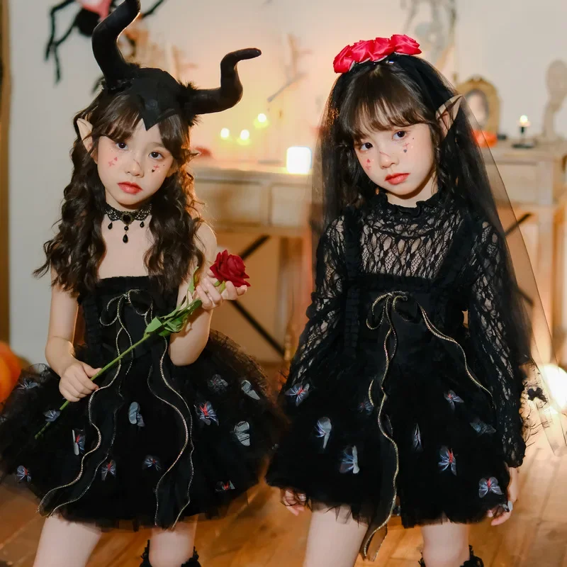 Lolita gótica oscura malvada para niños, espectáculo de moda, Harajuku, fantasma, novia, niña, juego de rol, bruja, mariposa, vestido de elfo