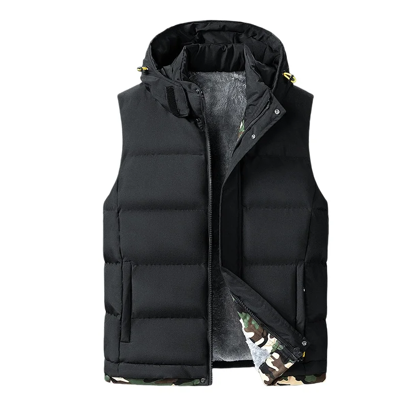 Autumn Winter Mens Hooded Sleeveless Vest Lamb Fleece Padded Waistcoat Sports Thickened Fleece Warm Plus Size Sleeveless Vest