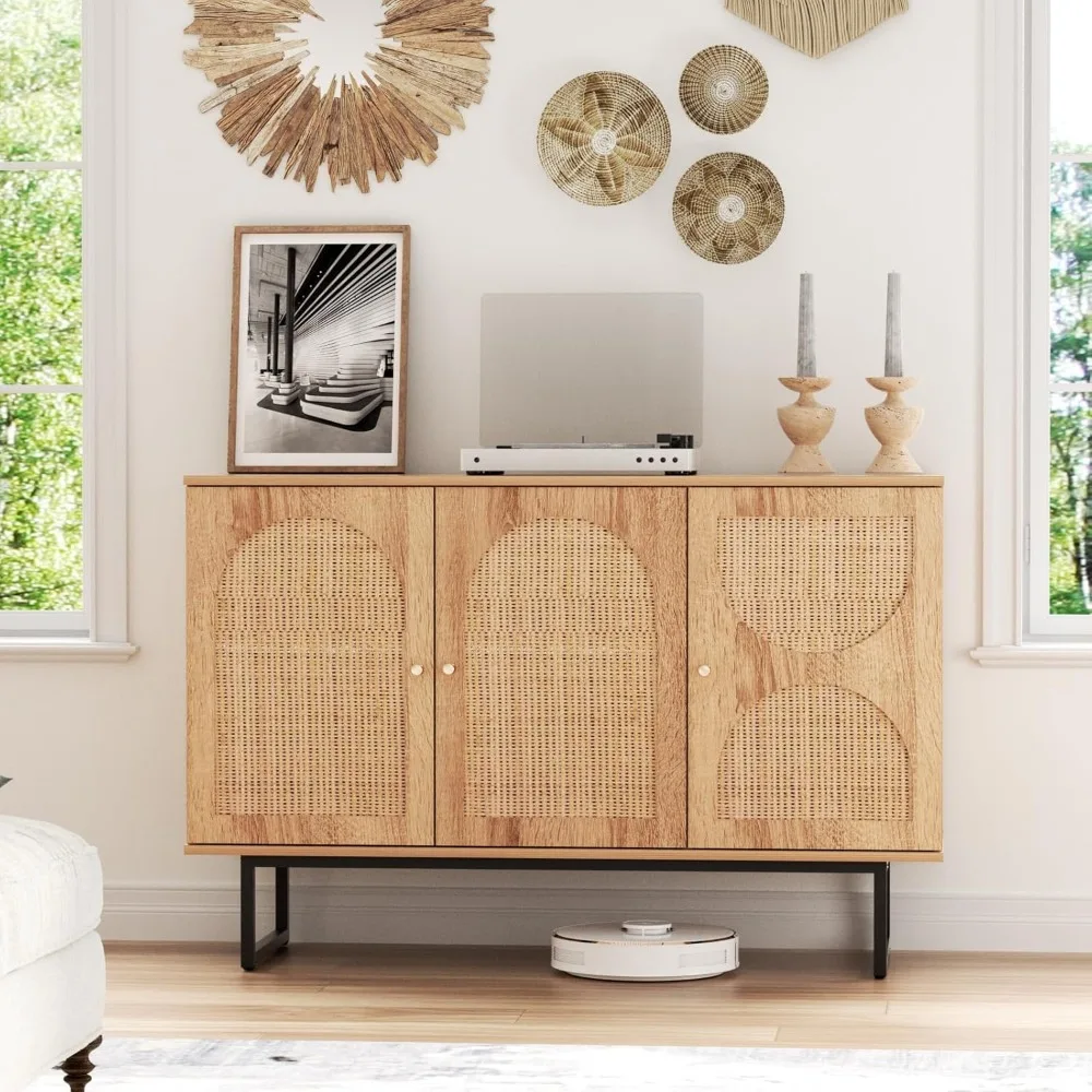

Rattan Sideboard Buffet Cabinet with Storage, Boho Farmhouse Wood Storage Cabinet with 3 Arched doors, Rattan Entryway Table
