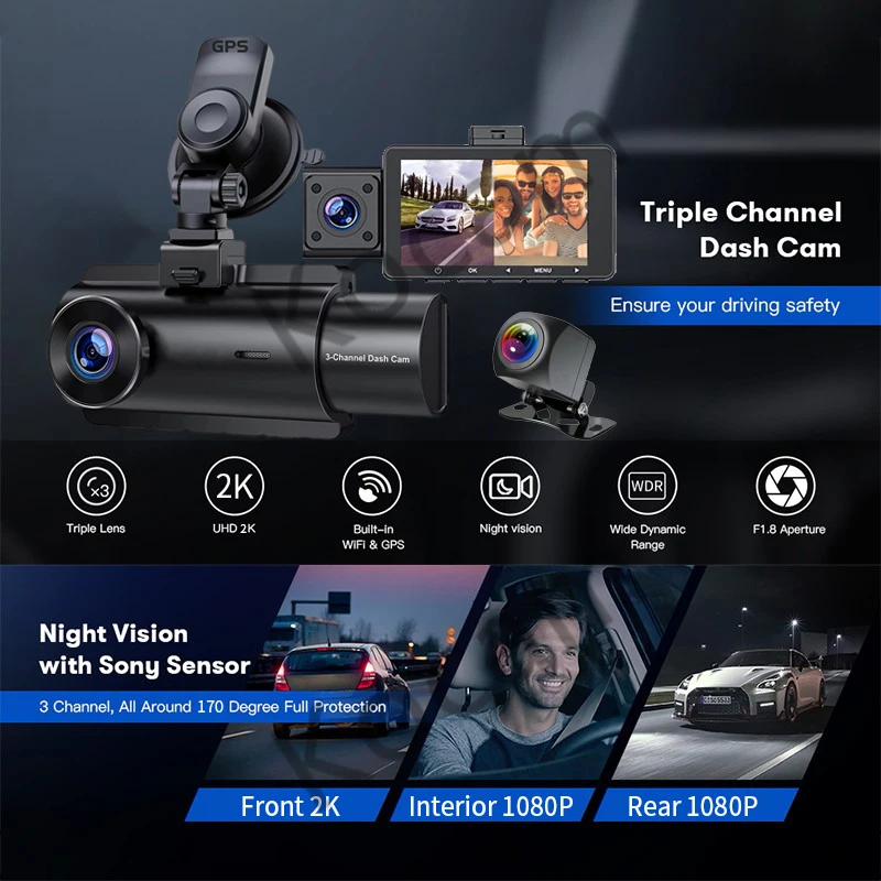 3 Channel Dash Cam Front Inside Rear Three Way Car Dash Camera, 2K+1080P Dual Channel With GPS WiFi IR Night Vision Camcorder