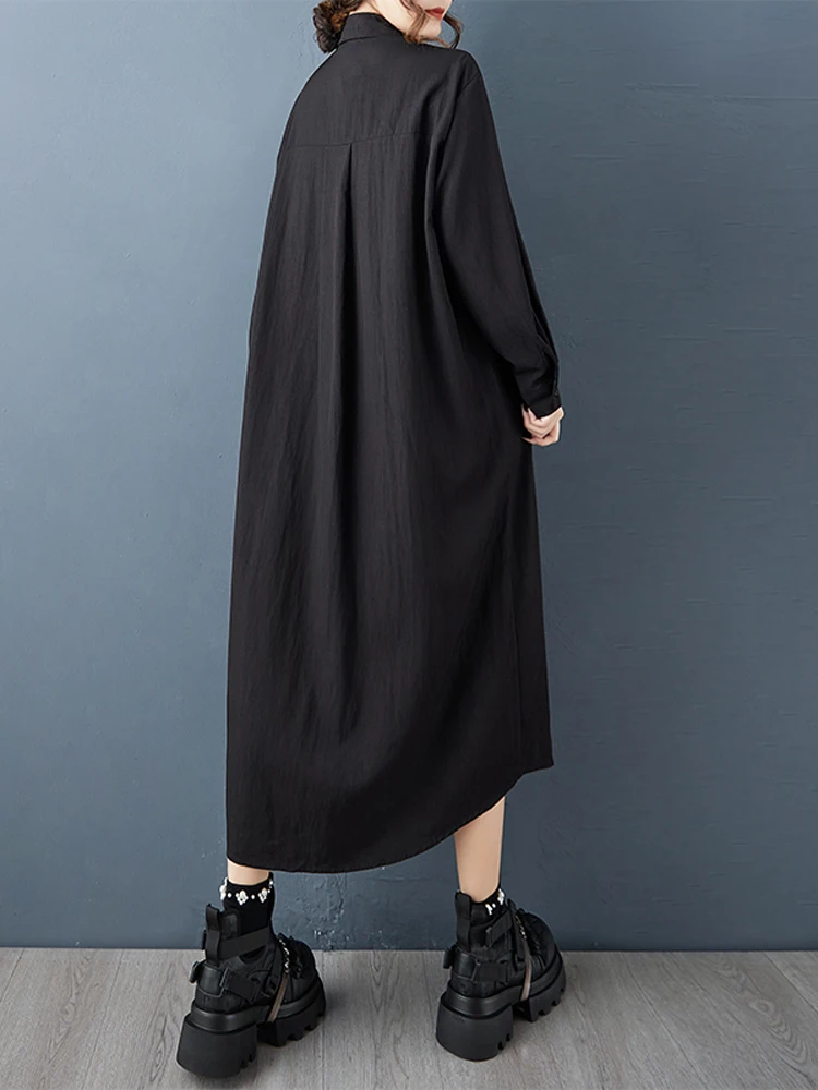 NYFS 2025 خريف جديد فضفاض حجم كبير خمر قميص بولو فستان رداء طويل الأكمام الصلبة فساتين حريمي #3