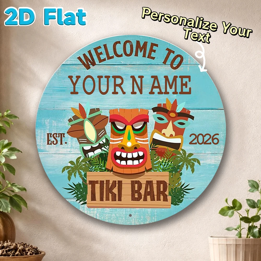 Custom Name & Year Tiki Bar Round Metal Sign Tiki Mask and Palm Decor Plaque for Backyard Patio Beach Wall Art
