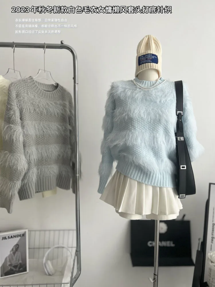 

Casual Harajuku Warm Knit Sweater Casual Round Neck Autumn-winter Fringe Striped Sweater Korean-style Loose Women's Knit Sweater