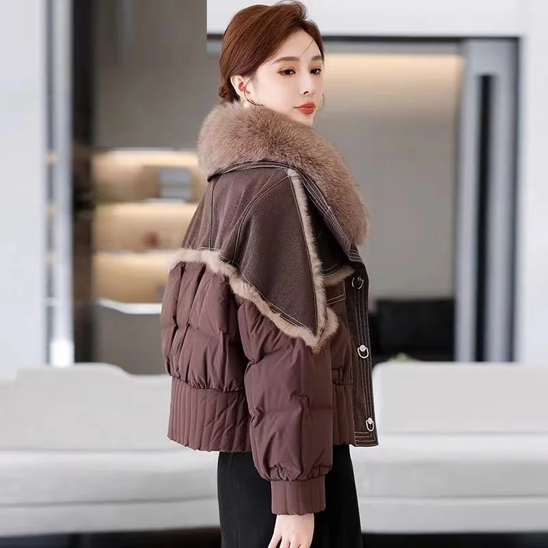 Women's winter down jacket 2024 new short jacket natural fox fur collar white goose down jacket sheepskin fabric jacket