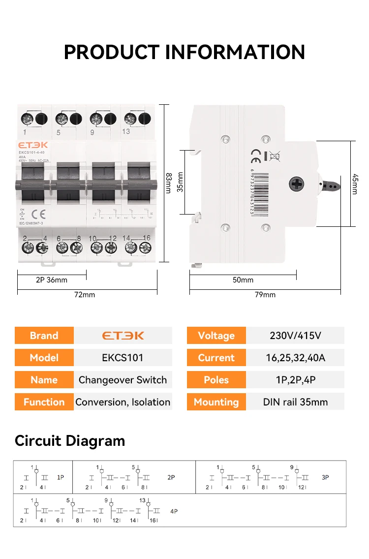 ETEK 1/2/4P  Din Rail Isolating Disconnecting Switch Dual Power Manual Transfer Isolating Switch Interlock Circuit Breaker EKCS