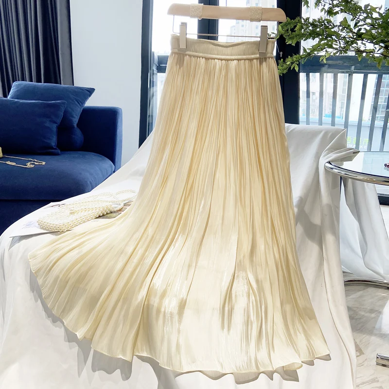 Silk A-Line Midi Skirt High Waist Slimming Versatile Silk Smooth Pleated Long Spring Autumn Women's Faion Ele  Color