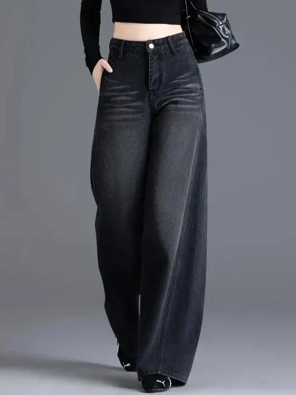 

High Waist Wide Leg Denim Jeans Women's Loose Fit Straight Black American Style Spring Autumn Soft Denim Non-Stretch Ladies' ...