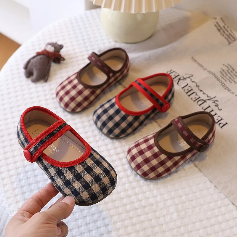 Toddler Girls Vintage Gingham Plaid Mary Jane Flats Red Single Strap Cottagecore Wedding Girl Casual Dress Shoes