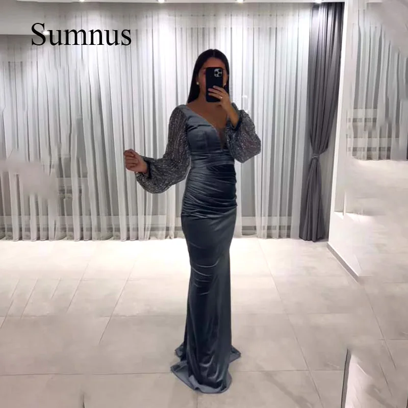 

Sumnus Gray Velvet Mermaid Evening Dresses Beads Puffy Full Sleeve Sexy V Neck Formal Evening Party Dress Long Dubai Gowns Women