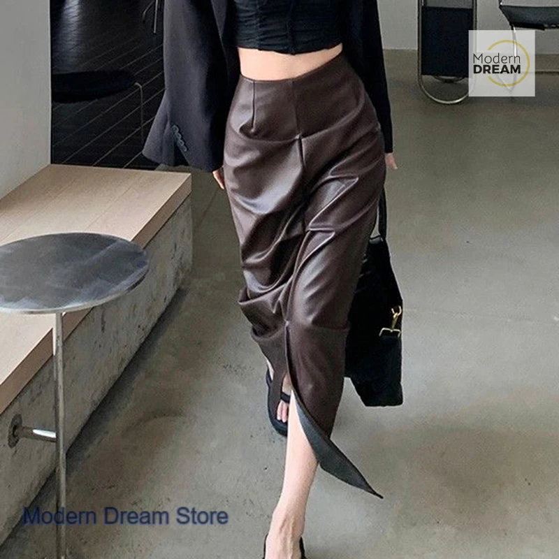 American brown half-length split hip leather skirt women's spring and autumn new fashion design high waist slim long skirt.
