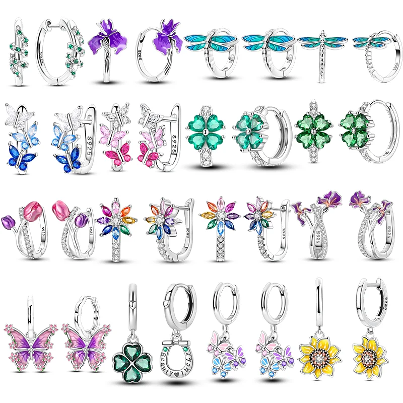 Flowers Series 925 Silver Hoop Earrings Green Clover Sunflower Tulip Fit Teens Women Female Party Drop Earring Jewelry
