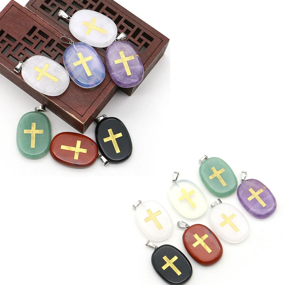 

Oval Handmade Pendant with Golden Cross Pattern Amethyst Red Stone Natural Stone 1 Pc For DIY Necklace Jewelry Accessory