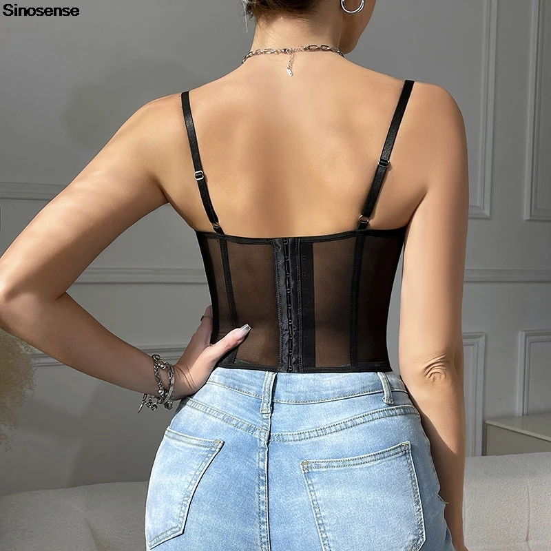 Frauen Spitze Bustier Top Sexy Sheer Mesh Durchsichtig Spaghetti Strap Schlank Leibchen Y2K Ausgehen Nacht Club Party Korsett Top