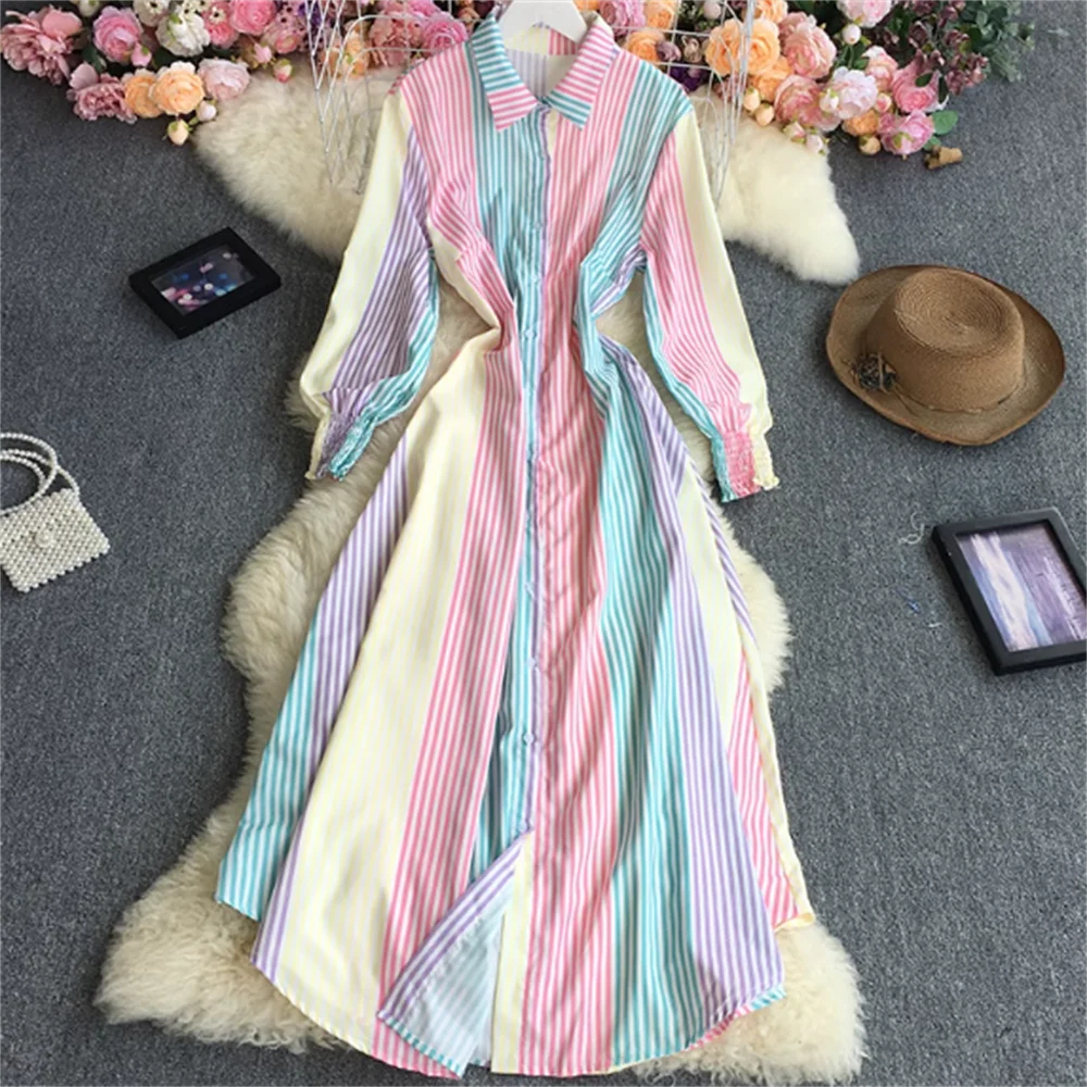

Matching stripes slim long shirt dress ladies blouse collar elegant dress