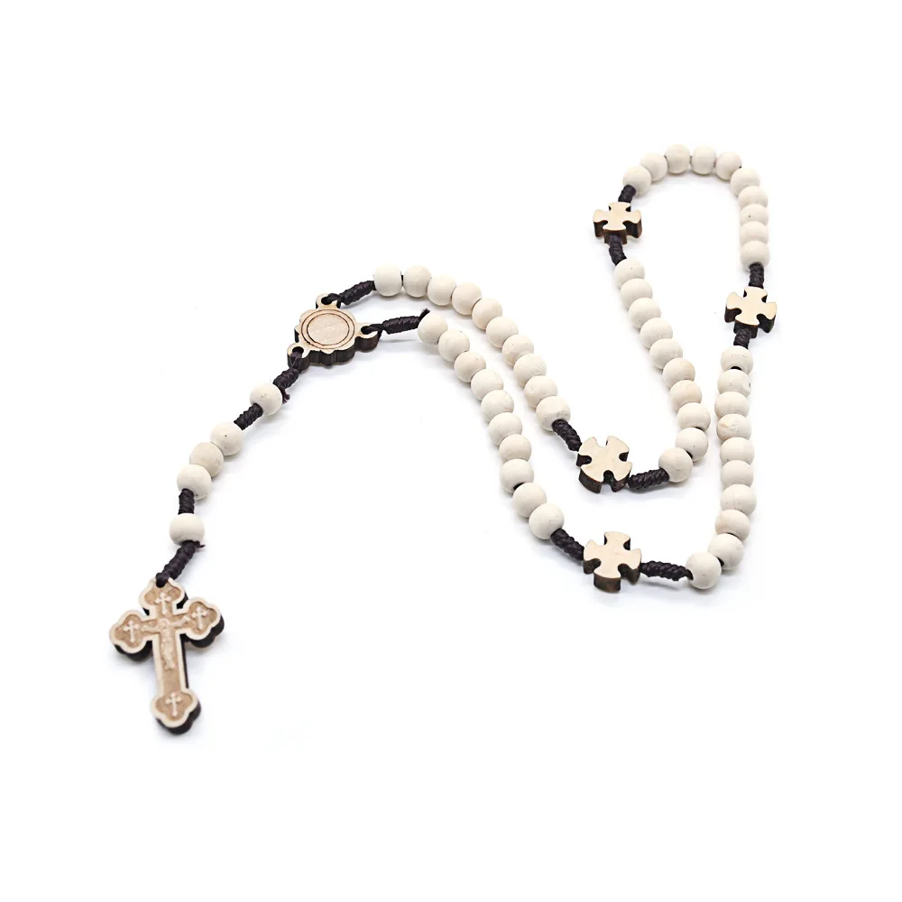 Log Wooden Beads Hand Woven Religious Belief Cross Rosary Pendant Necklace Church Prayer Baptism Men Women Jewelry Souvenir Gift