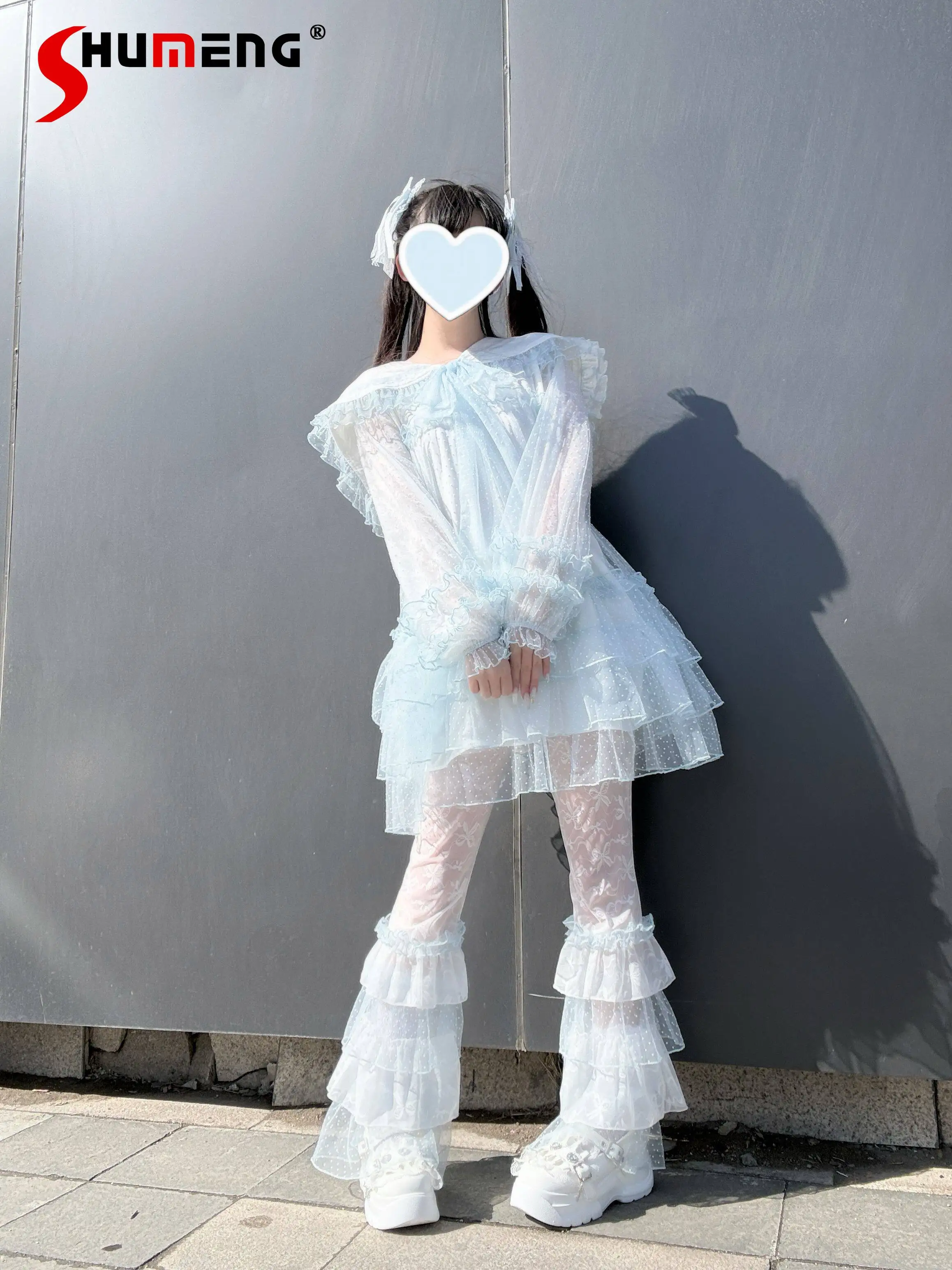 

Original Japanese Subculture 2D Clothing Spring and Summer New Cute Girl Kawaii Mesh Long-sleeved Top Lace Splicing Pants Outfit