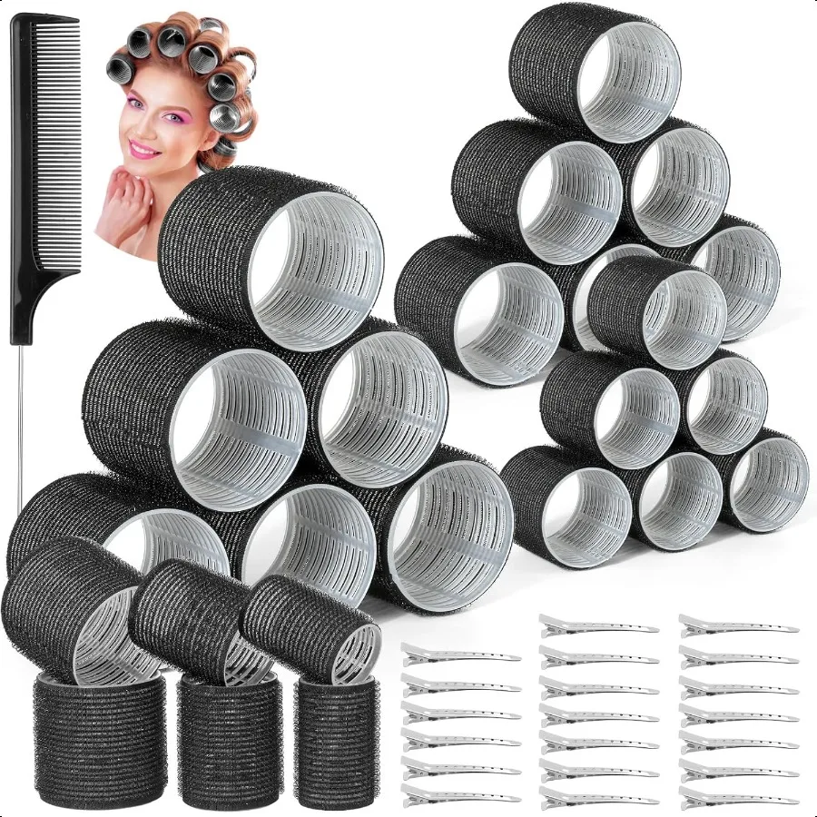 

39PCS Self Grip Curlers 3 Sizes Black 2.5in 1.9in 1.4in Rollers with bill Clips for Long Medium Short Thick Fine Hair Volume an