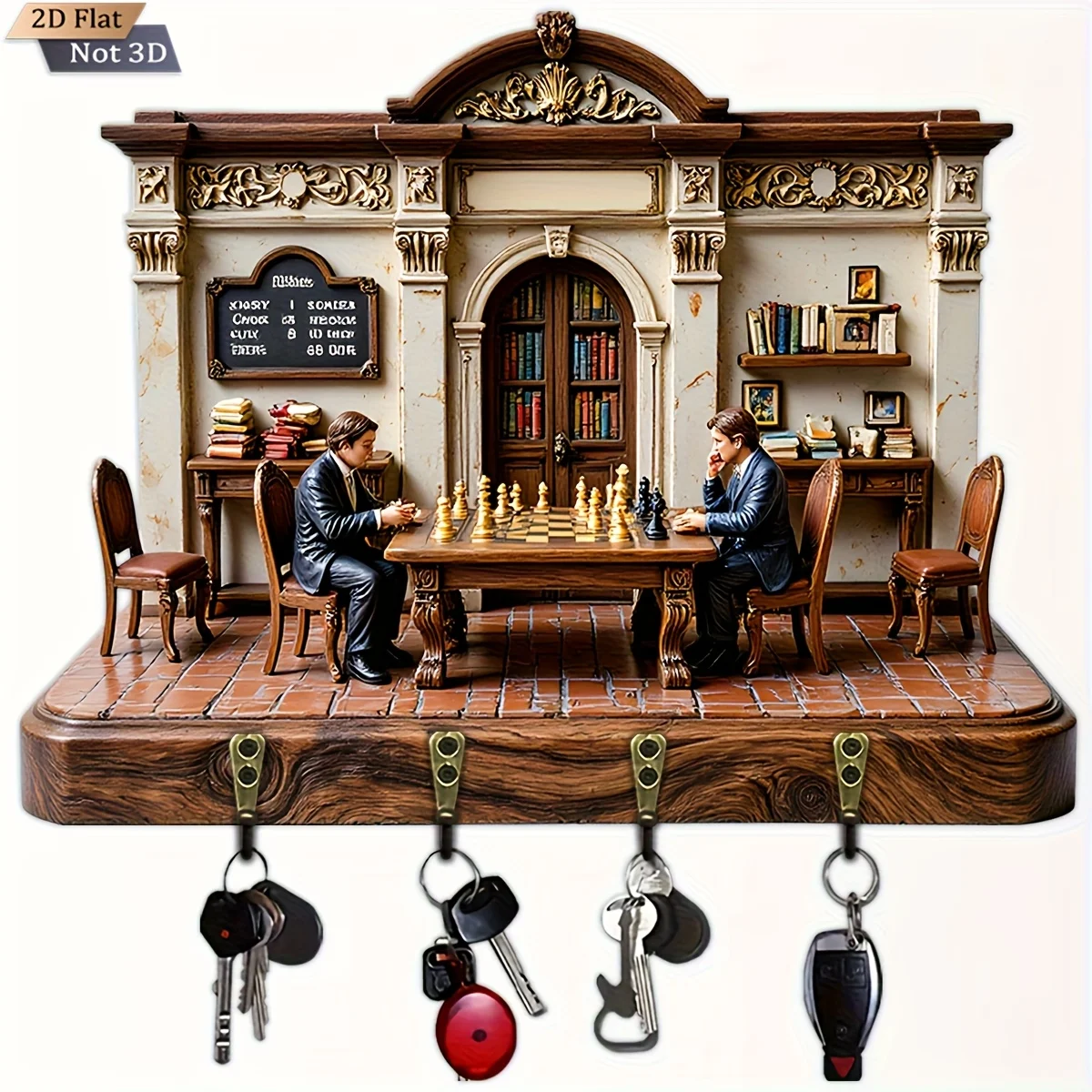 2D Flat, 1pc, Retro Study Chess Theme Style Key Hook Wooden Multifunctional Home Key Holder with Four Metal Hooks, Wall