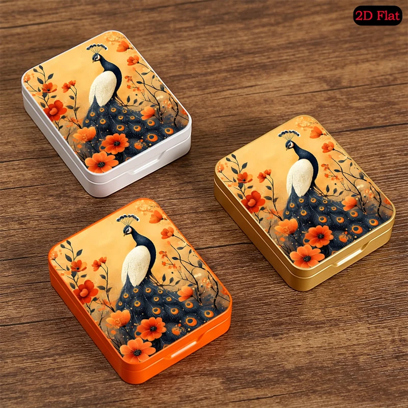 White Peacock with Orange Floral Theme Small Object Tin Flip Top Portable Metal Tin Box, Custom Pattern, Travel Storage