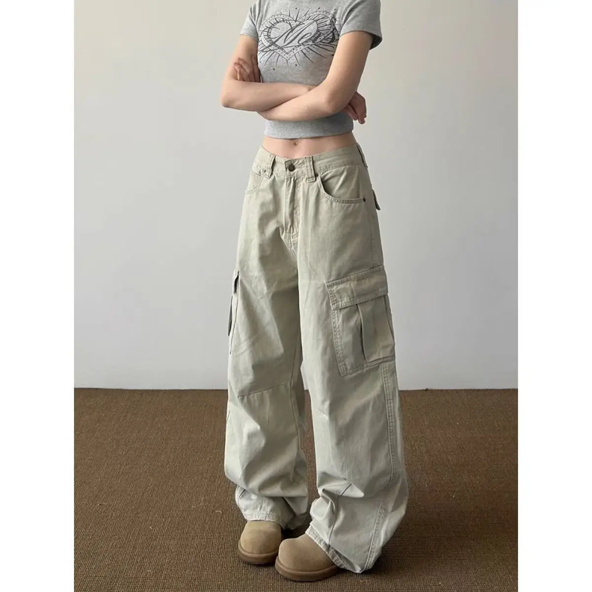 Women's Multi-pocket Solid Color Cargo Pants Unisex Spring Wide Leg Sweatpants Cool Girl Bottoms Female High Waisted Trousers