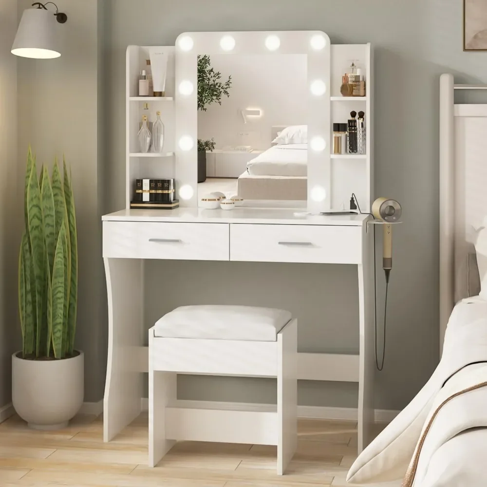 Dressing table, 3 adjustable lighting colors, with power board and 2 large drawers, white, free shipping