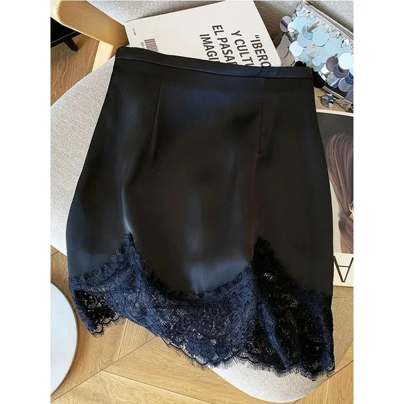 

Fashion Lace Patchwork Satin A-line Skirt Ladies Summer High Waist Solid Color Temperament Skirt Women Clothes Simplicity Skirt