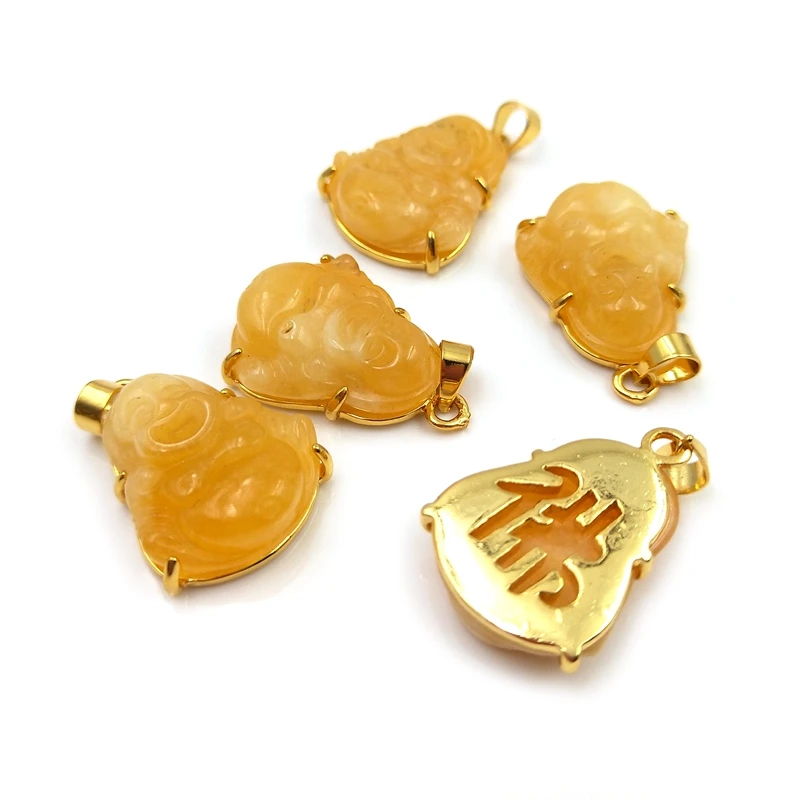 Natural Yellow Jade Buddha Pendant, Chinese Word Design, Smile Buddha Maitreya Amulet for Men Women Healing Protection Jewelry