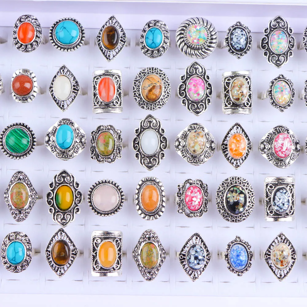 10/20Pcs/Lot New Fashion Bulk Vintage Flower Geometry Patten Colorful Stone Open Rings Jewelry For Women Mix Style Party Gifts