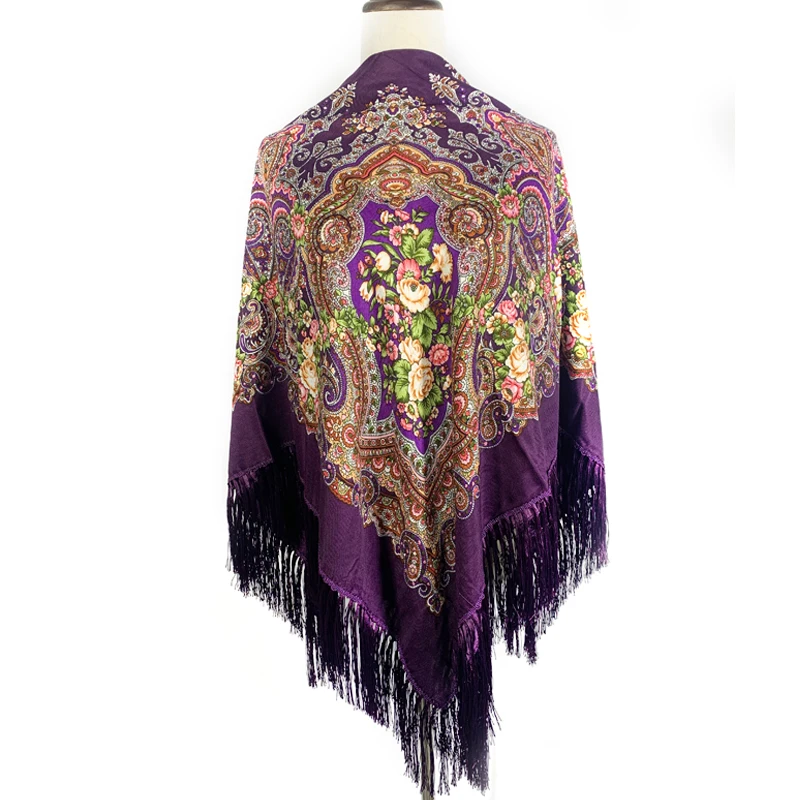 135*135cm Russian Square Scarf Shawl Women Ethnic Style Floral Print Fringed Bandana Babushka Handkerchief Head Wraps