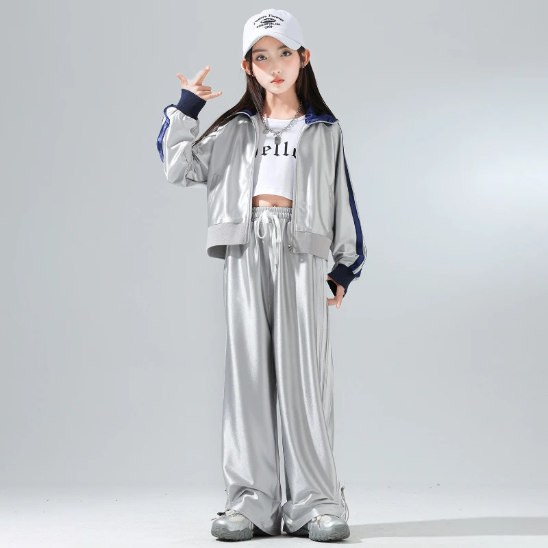 Mädchen Hip Hop Silber Jacke Baggy Hosen K-pop Mantel Kleidung Set Cool Street Dance Kostüm Gruppe Streetwear Jazz Bühne zeigen Outfit