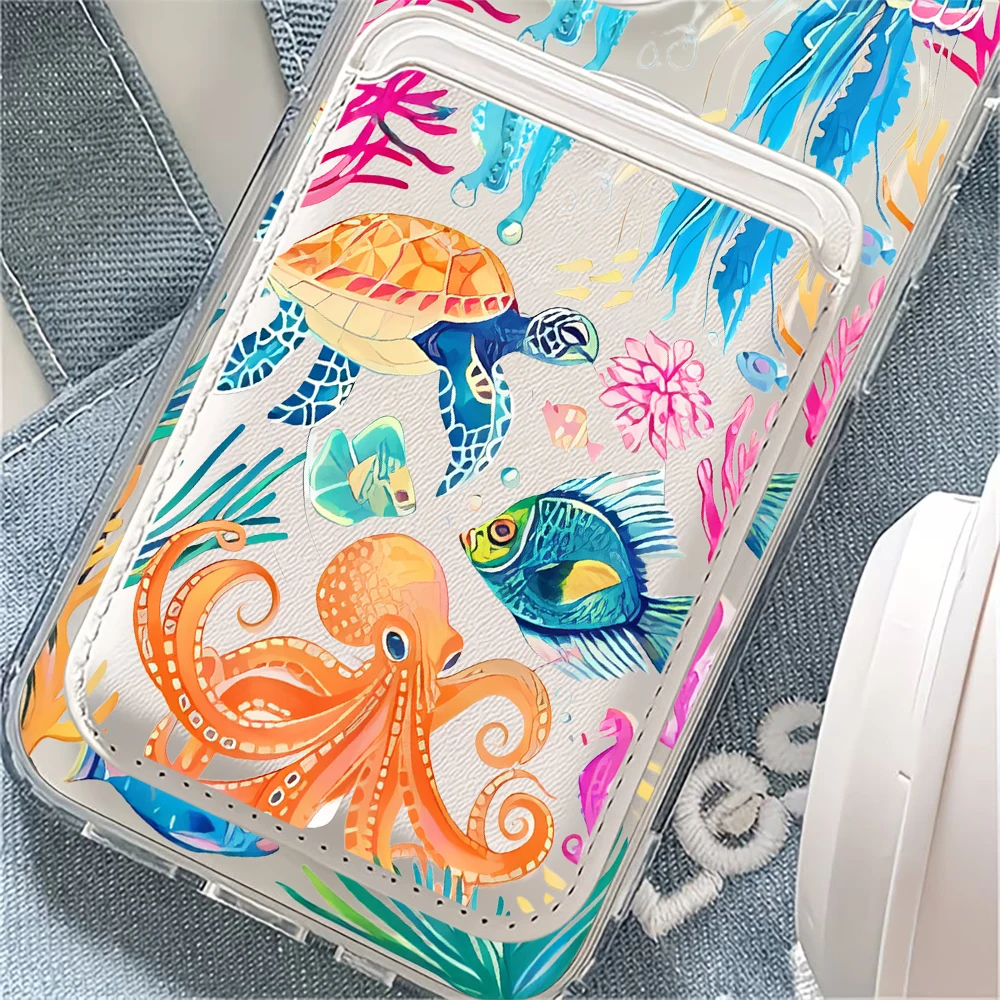 For Magsafe Wallet Magnetic Card Holder Phone Case For iPhone 17 16 13 15 12 14 Pro Max Plus Air 16E INS Marine Animals  Cover - view 3