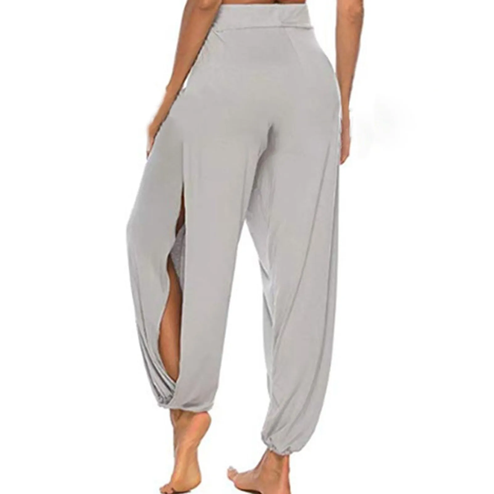 Calças de Yoga Feminina de Cintura Alta Fenda Lateral Calças Harem de Perna Larga Leggings de Ginásio Calças Ocas Sólidas de Treino Streetwear de