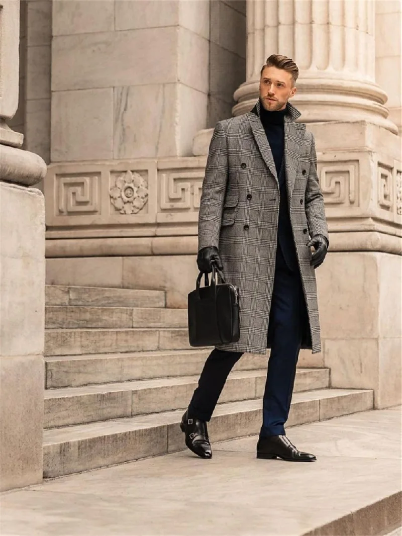 Houndstooth Men Overcoat Thick Warm Long Coat Winter Formal Double Breasted England Style Custom Made Male Jacket Kingcoat