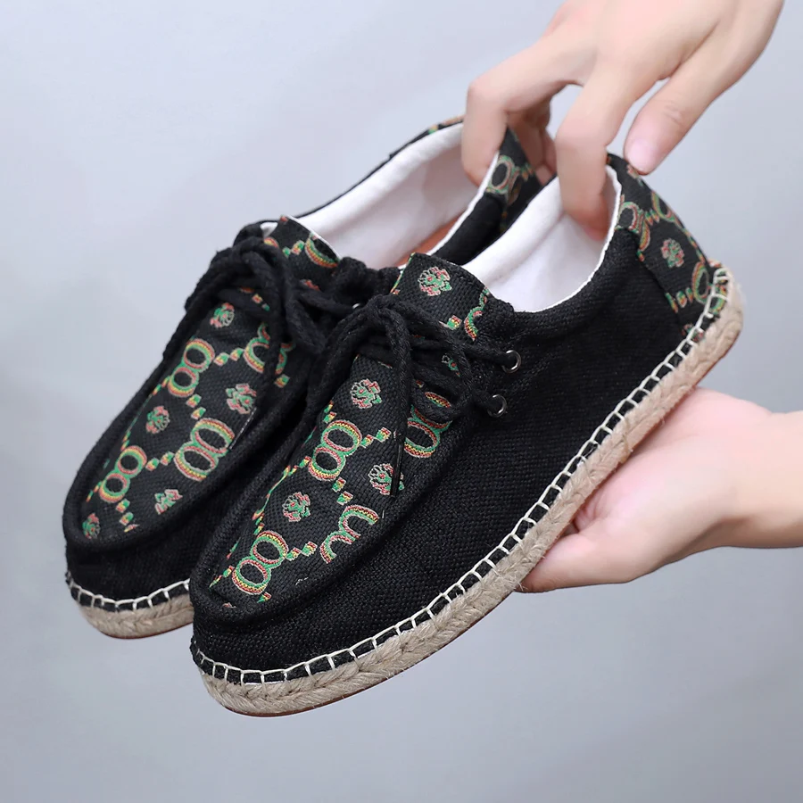 Retro Hand Stitched Straw Woven Sole Shoes 2025 Autumn New Men's Casual Shoes Light Non Slip Breathable Linen Men Sneakers Class