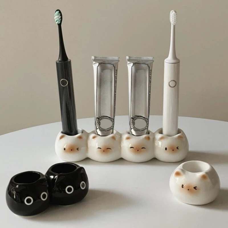 Cute Siamese Cat Electric Toothbrush Rack Storage Shelf Ceramic Toothbrush Holder Toothpaste Placement Home Bathroom Decoration