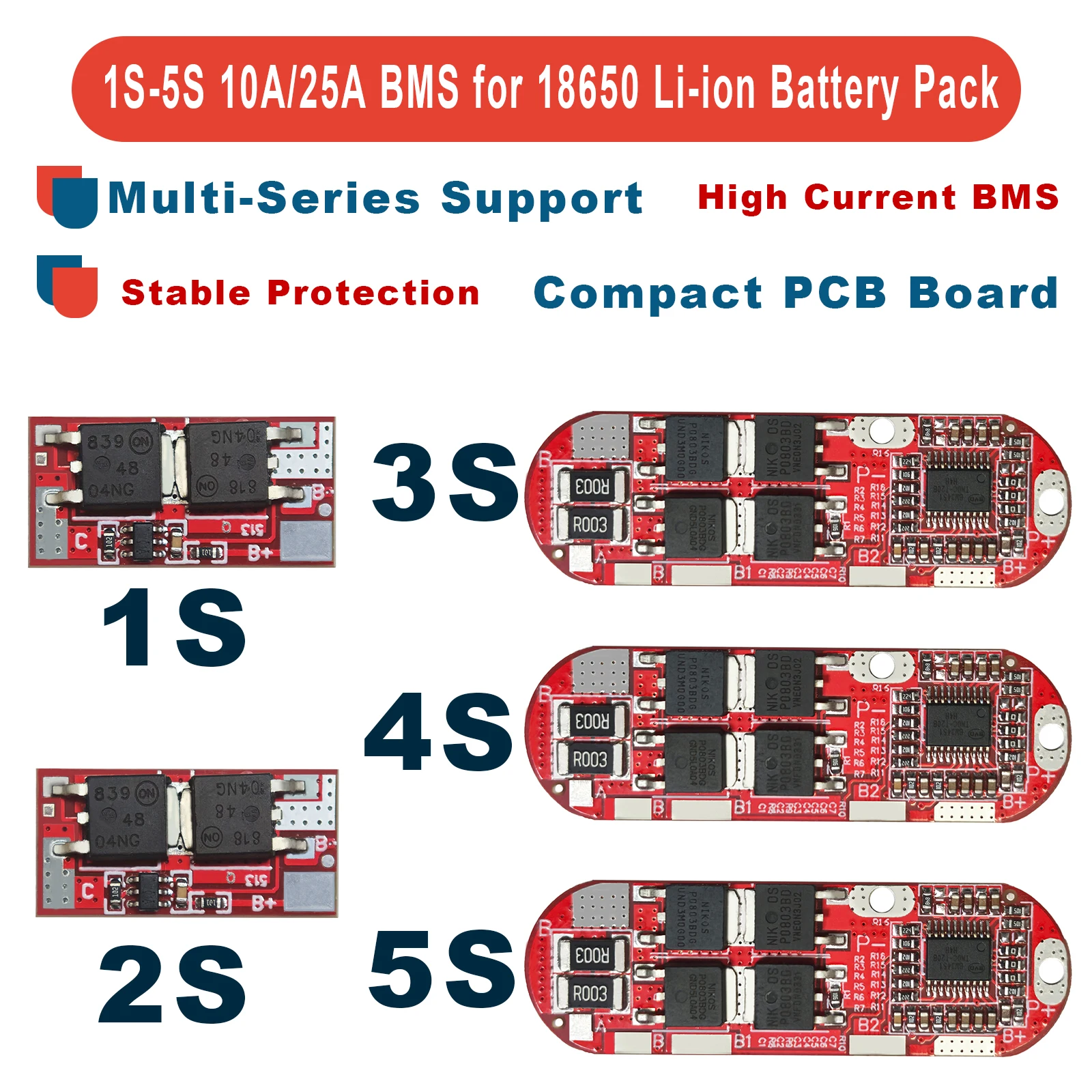 1S 2S 10A 3S 4S 5S 25A BMS 18650 Li-ion Lipo Battery Pack Protection Circuit Board PCMCharger Overcurrent Temperature Protection