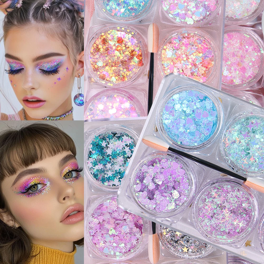 1/6 個キラキラフェイスアイシャドウグリッタージェルパレットステージパーティーホログラフィックハートスター六角形クリームグリッタースパンコールボディグリッター