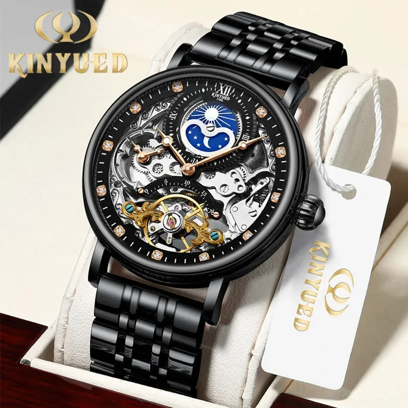 

Top Brand KINYUED Mens Automatic Movement Mechanical Watch Luxury Stainless Steel Watch for Men Classic Skeleton Dial Wristwatch