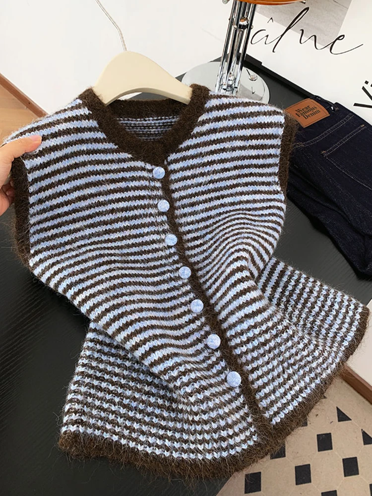 

High-End Knitted Stripe Vest Cardigan Women's Autumn Winter Vintage Simple Layering Svel Top Faion Commute Sle
