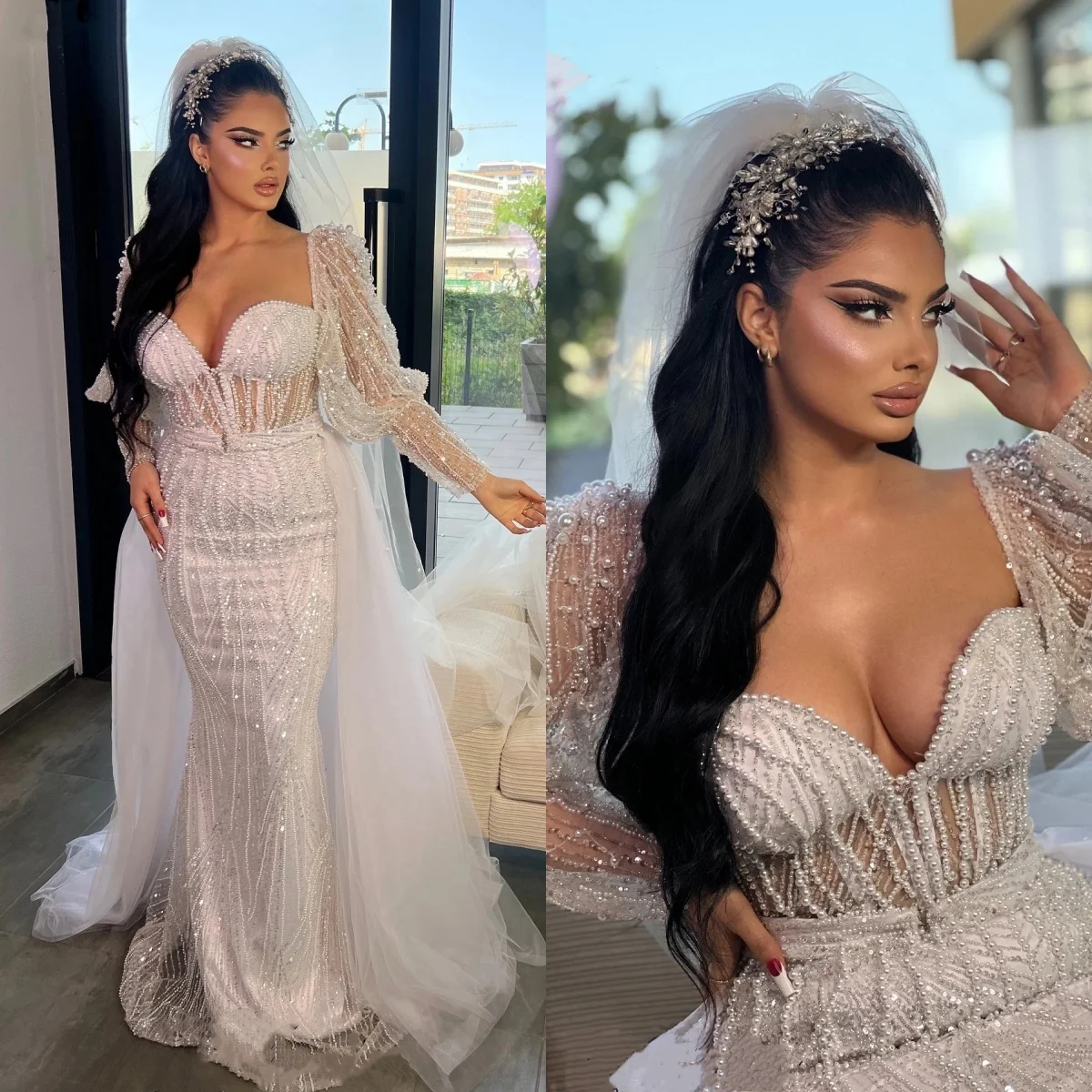

Gracefu Wedding Dresses Pearls Sequins Bridal Gowns Detachable Train Beading Mermaid Customized Bride Vestidos De Novia