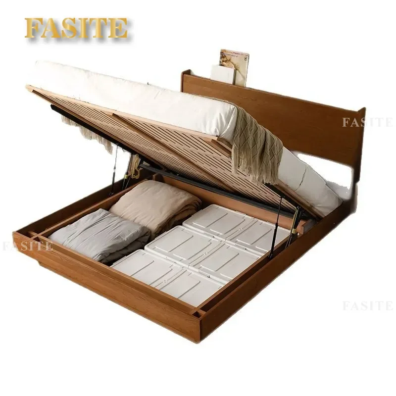 For North American Black Walnut Solid Wood Double Bed Simple Cherry Wood Log Bedroom Multi-functional Storage Air Pressure