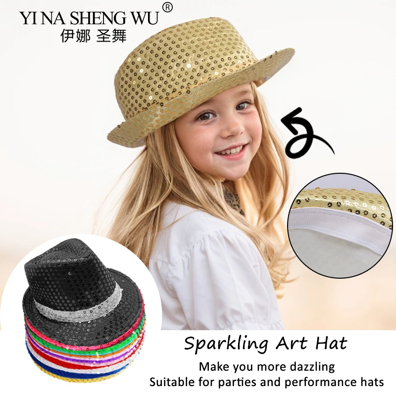 Chapeau à paillettes de danse jazz pour enfants, performance sur scène, accessoires de costume, hip hop, danse de rue, chapeaux à perles brillants Chang, garçons et filles