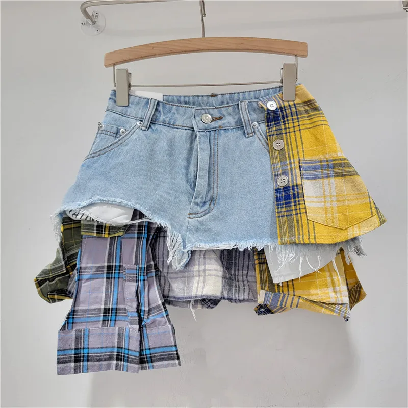 SuperAen 2024 Spring/Summer Deconstructed Style Blue Yellow Plaid Spliced High Waist A-line Denim Shorts Irregular Skirt