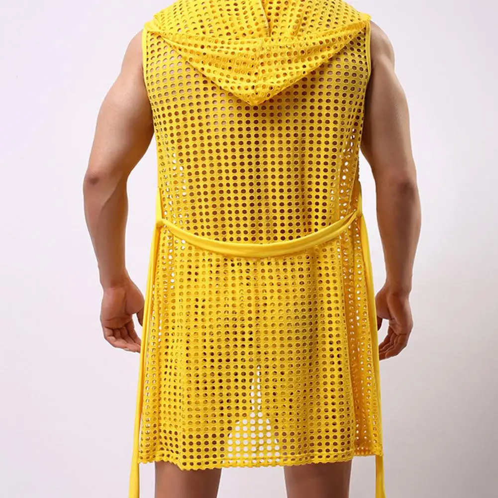 Chemise de nuit à capuche pour hommes, robe de nuit en maille à lacets, vêtements de détente évidés, vêtements d\'intérieur sexy, été