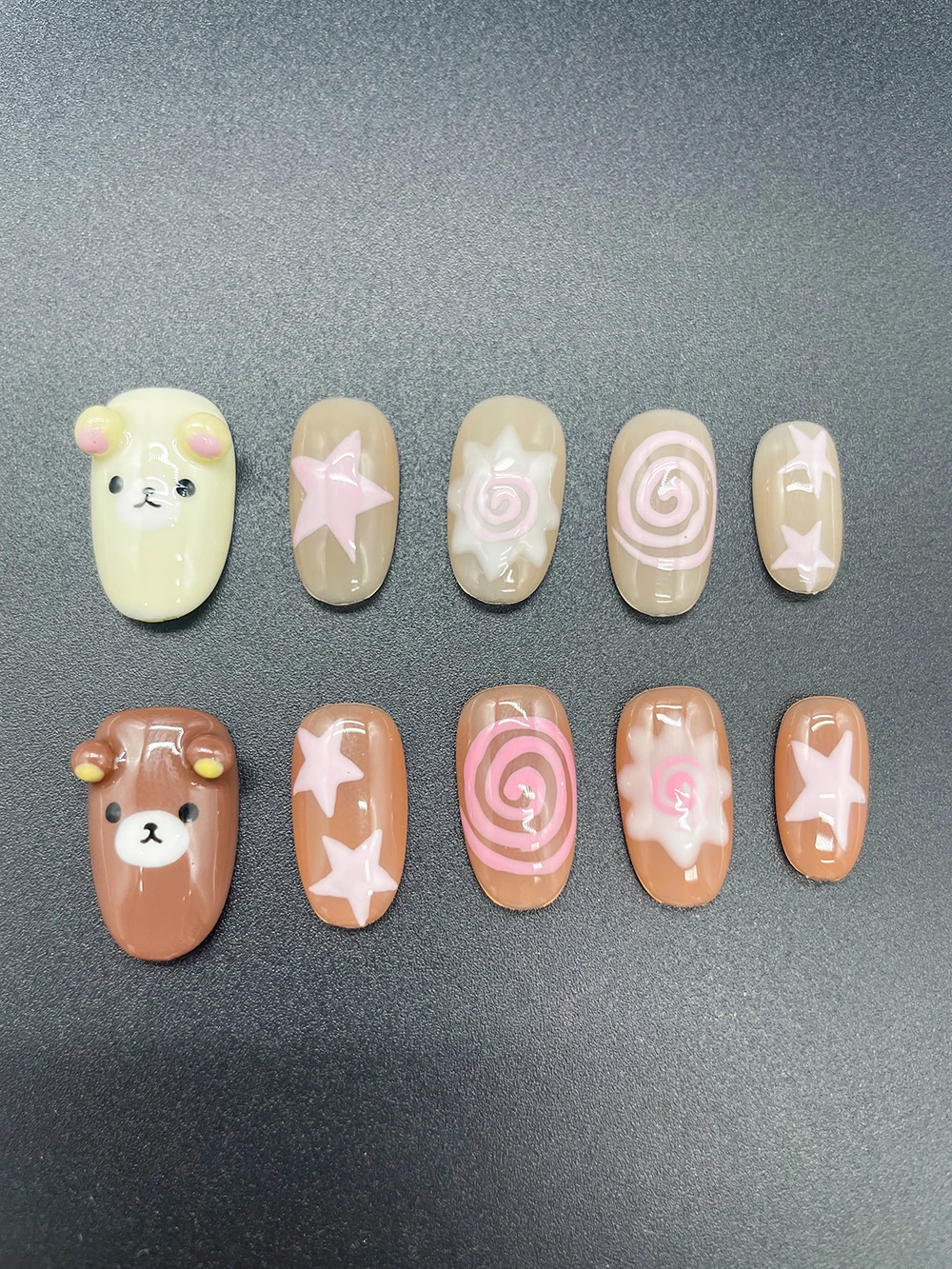 

10Pcs Handmade Ellipse Rilakkuma Press On Nails Sticker Simple Hand-Drawn Japanese Cartoon Little Bear Sweet False Nails
